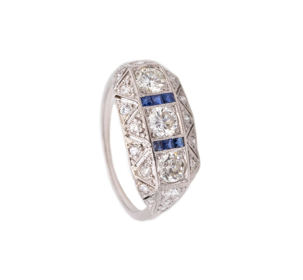 PLATINUM 1930 ART DECO BAND RING WITH 1.73 Cts OF DIAMONDS AND SAPPHIRES