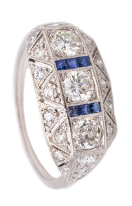 PLATINUM 1930 ART DECO BAND RING WITH 1.73 Cts OF DIAMONDS AND SAPPHIRES