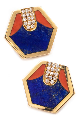 MEMPHIS STUDIO GEOMETRIC ITALIAN EARRINGS IN 18 KT GOLD WITH DIAMONDS, CORAL & LAPIS