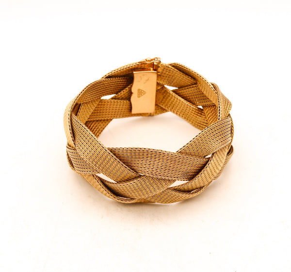 Italy Mid Century 1950 Torino Massive Braided Mesh Bracelet In Solid 18Kt Yellow Gold
