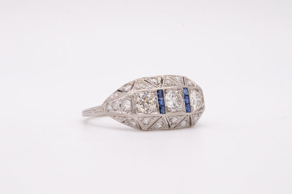 PLATINUM 1930 ART DECO BAND RING WITH 1.73 Cts OF DIAMONDS AND SAPPHIRES