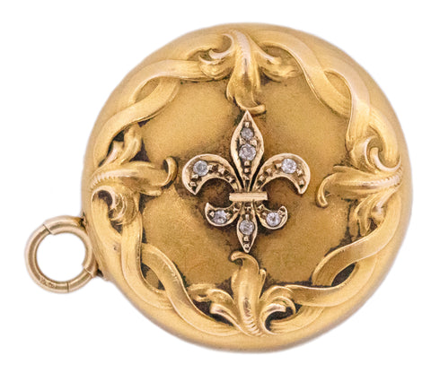 *Victorian 1903 watch Fob brooch with mechanical chatelaine in 14 kt gold with diamonds