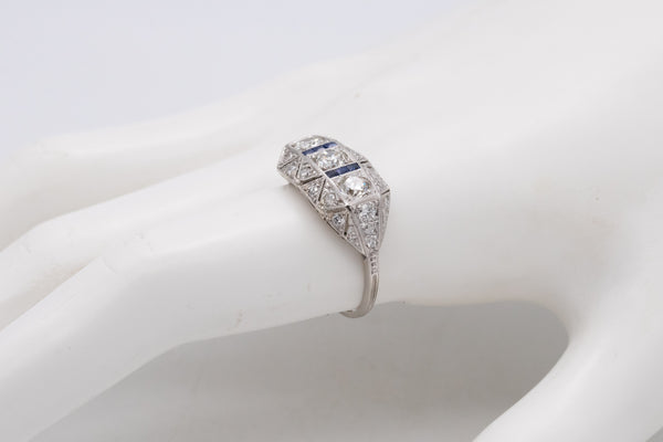 PLATINUM 1930 ART DECO BAND RING WITH 1.73 Cts OF DIAMONDS AND SAPPHIRES