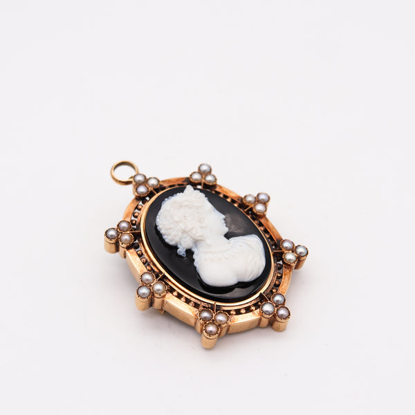 Victorian 1870 Etruscan Revival Agate Cameo Pendant In 15Kt Yellow Gold With Pearls