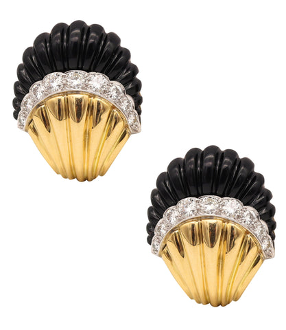 Modernist Classic Fluted Earrings In 18Kt Yellow Gold With 20.28 Cts In Diamonds & Onyx