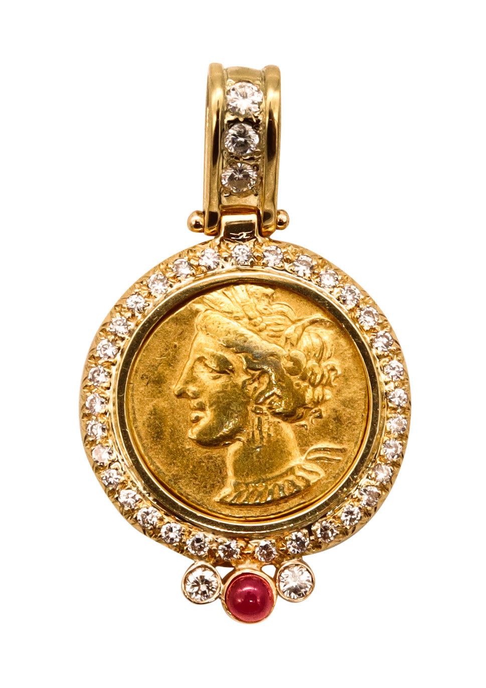 Ancient Carthage Punic Gold Electrum Stater Coin 320 BC Mounted In 18Kt Yellow Gold With 1.33 Cts In Diamonds & Ruby