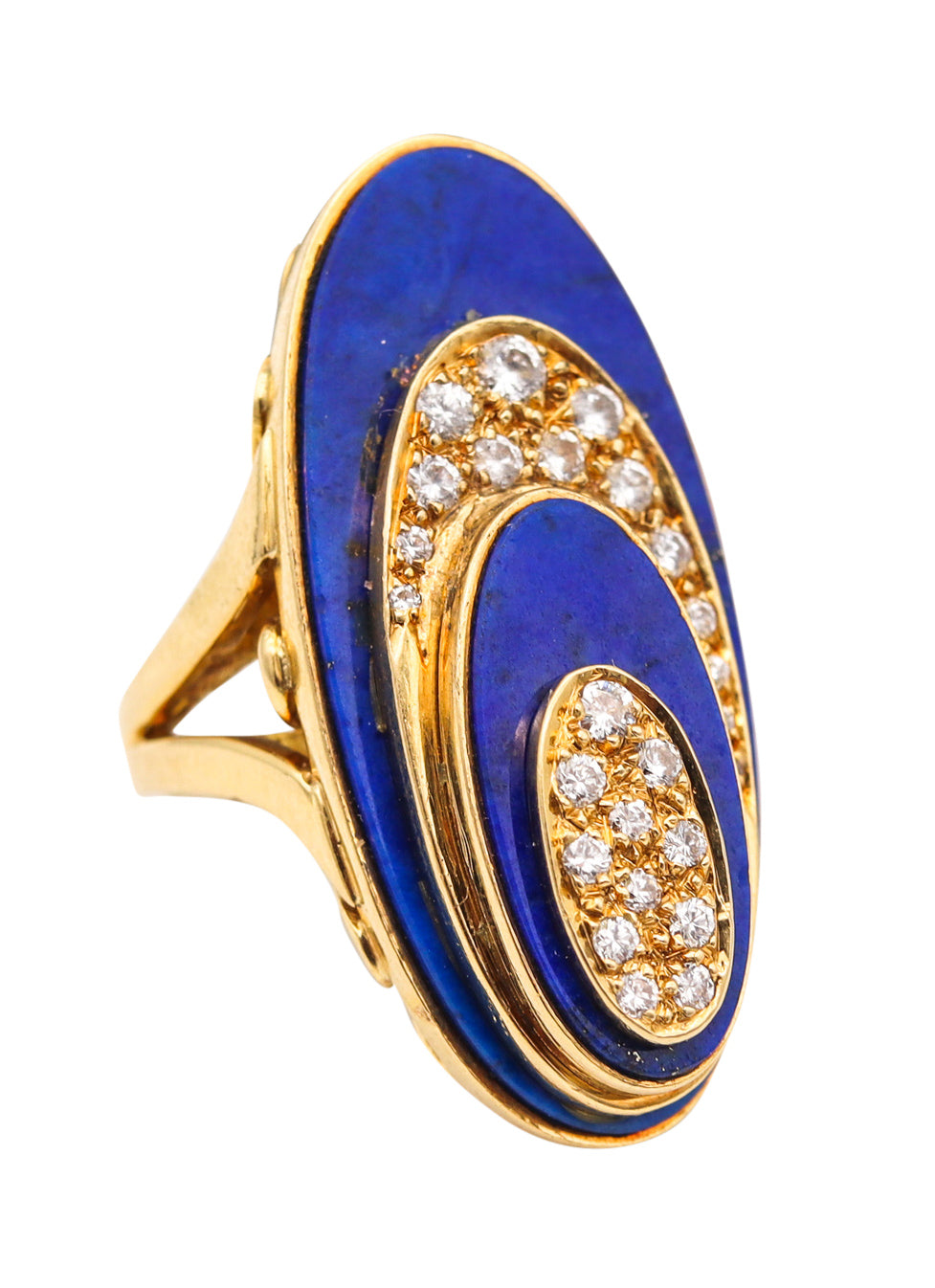 Modernist 1970 Italian Geometric Cocktail Ring In 18Kt Gold With VS Diamonds & Lapis Lazuli
