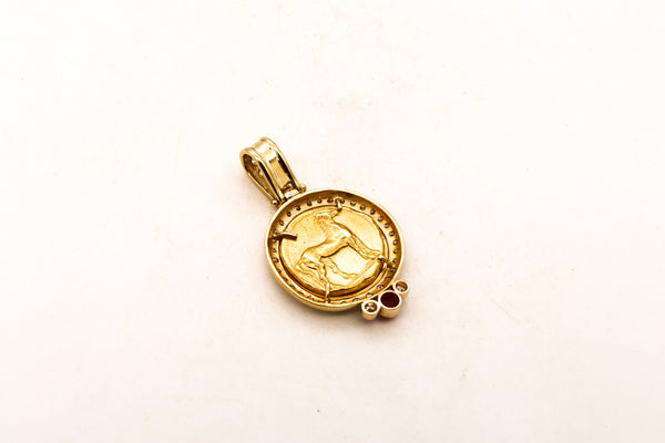 Ancient Carthage Punic Gold Electrum Stater Coin 320 BC Mounted In 18Kt Yellow Gold With 1.33 Cts In Diamonds & Ruby