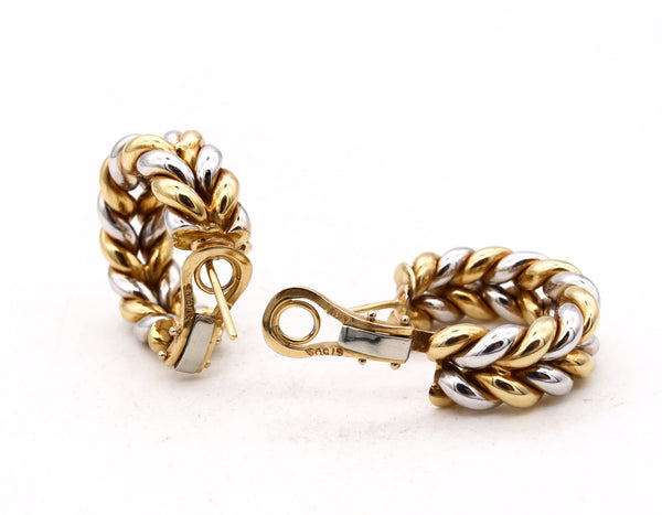 *Modern Italian twisted bold earrings hoops in two tones of solid 18 kt gold