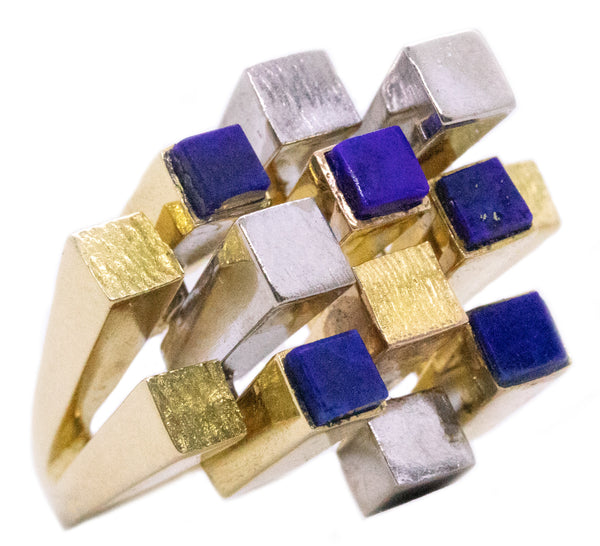 Cartier 1960 Rare Cubism Geometric Cocktail Ring In 18Kt Yellow Gold With Carved Lapis Lazuli