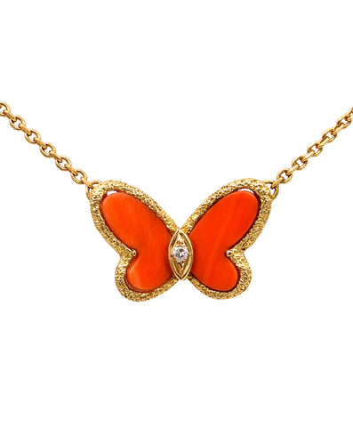 Van Cleef & Arpels 1971 NYC Rare Coral Papillon Necklace In 18Kt Yellow Gold With Diamond