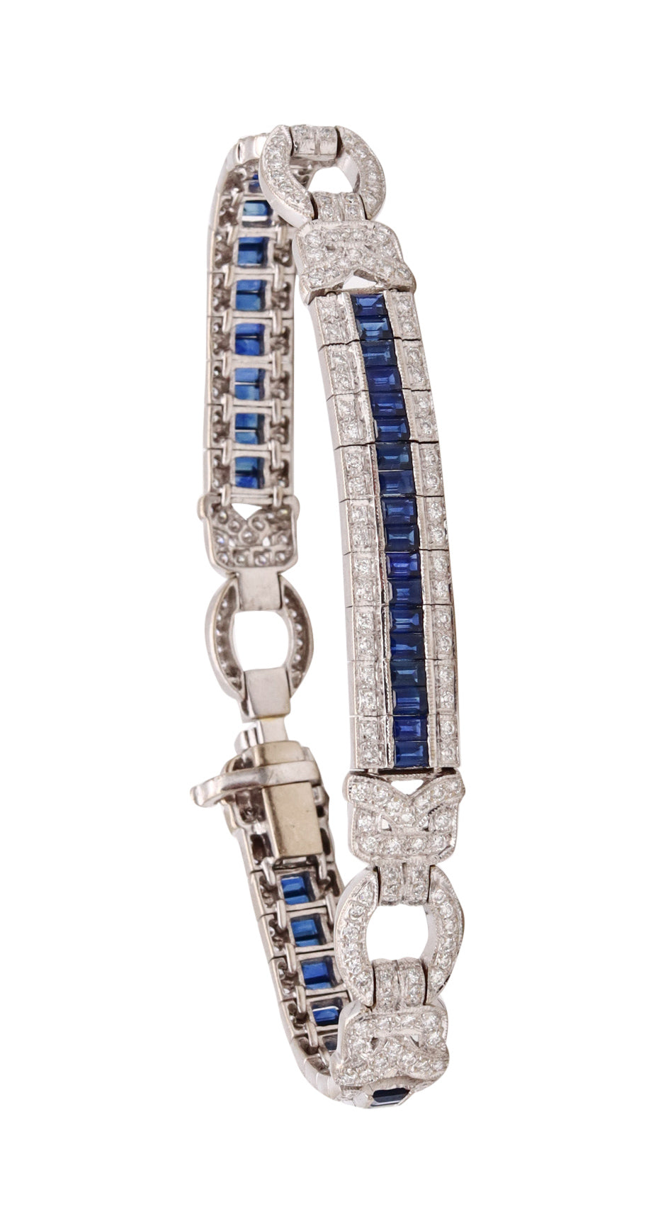 *Art Deco stations bracelet in 18 kt white gold with 7.26 Cts in VS diamonds and blue sapphires