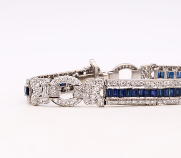 *Art Deco stations bracelet in 18 kt white gold with 7.26 Cts in VS diamonds and blue sapphires