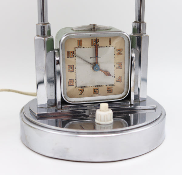 Bayard France 1930 Art Deco Desk Table Lamp And Alarm Clock In Stainless Steel