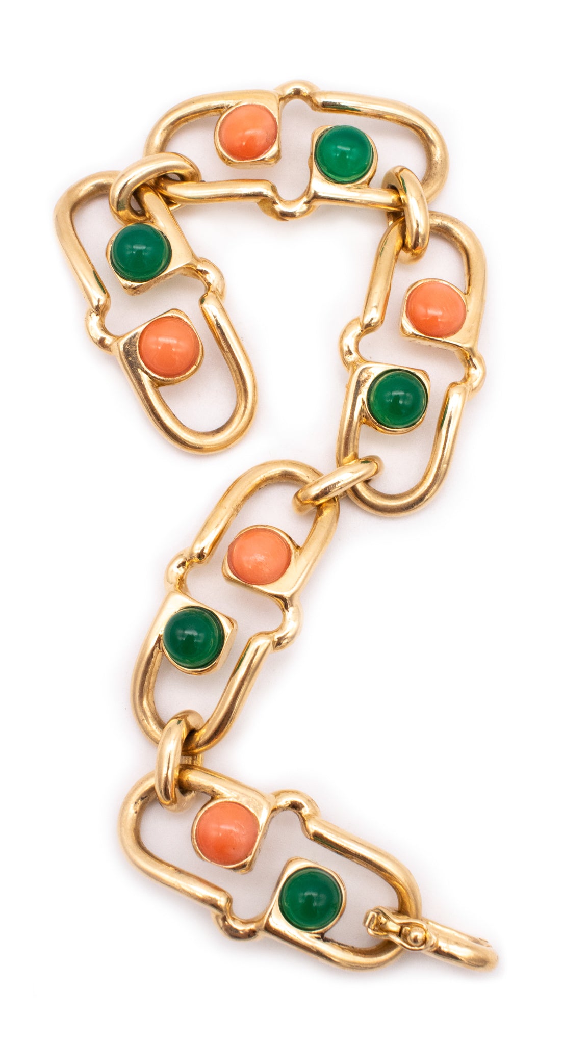 Van Cleef And Arpels 1971 Paris Geometric Bracelet In 18Kt Yellow Gold With Coral And Chrysoprase