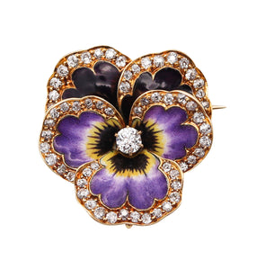 -Edwardian 1905 Art Nouveau Pansy Flower Enamel Pendant Brooch In 18Kt Gold With 2.44 Ctw In Diamonds