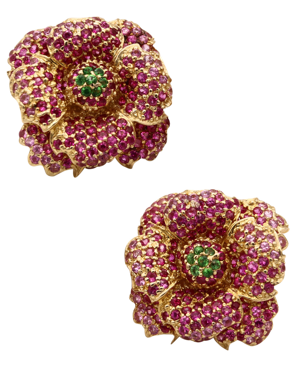 *Sonia Bitton flower bouquet earrings in 18 kt yellow gold with 4.96 Cts in rubies & tsavorites
