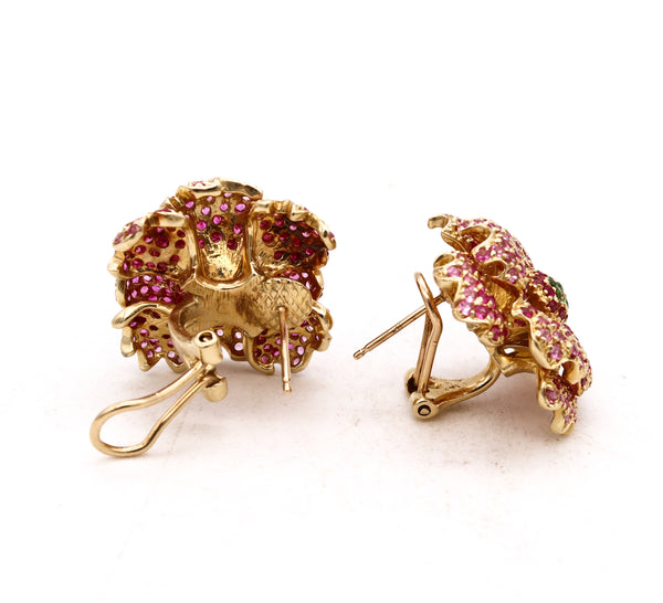 *Sonia Bitton flower bouquet earrings in 18 kt yellow gold with 4.96 Cts in rubies & tsavorites