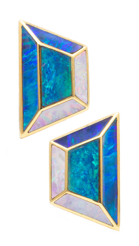 TIFFANY & CO. 1982 BY ANGELA CUMMINGS  RARE 18 KT GOLD GEOMETRIC EARRINGS WITH OPAL