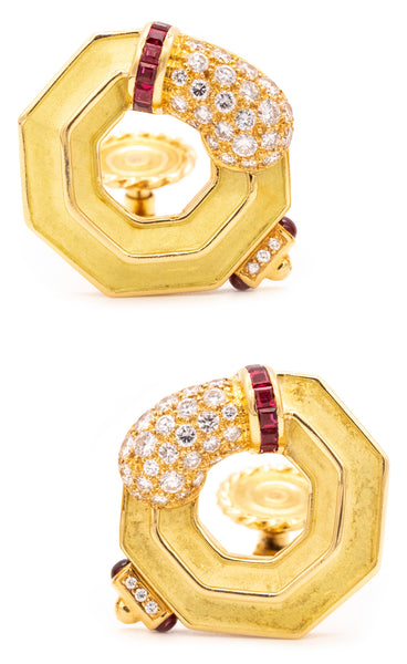 CHAUMET Paris Geometric Clip Earring In 18Kt Gold With 2.80 Cts In Diamonds And Rubies