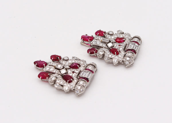 -Art Deco 1925 Pair Of Dress Clips In Platinum With 11.54 Ctw In Diamonds And Burmese Rubies