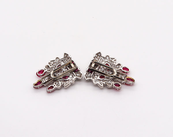 -Art Deco 1925 Pair Of Dress Clips In Platinum With 11.54 Ctw In Diamonds And Burmese Rubies