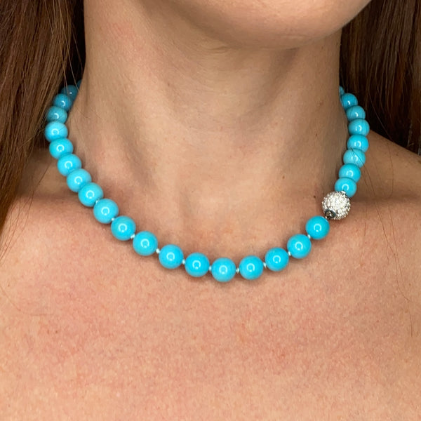 Certified Sleeping Beauty Blue Turquoise Necklace In 18Kt White Gold With 3.21 Cts In Diamonds