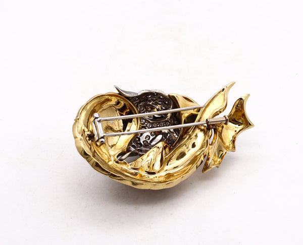 Giovanni Corletto 1960 Italy Enameled Chinoiserie Dragon Brooch In 18Kt Gold And Platinum With 2.32 Cts Diamonds