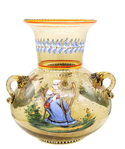 Lobmeyr 1900 Austrian Art Nouveau Large Blown Glass Amphora Vase With Color Enamel