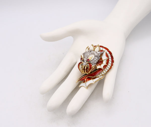 Giovanni Corletto 1960 Italy Enameled Chinoiserie Dragon Brooch In 18Kt Gold And Platinum With 2.32 Cts Diamonds