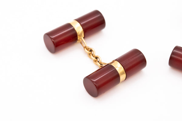 *French 1930's Art Deco cufflinks in 18 kt yellow gold with translucent carved carnelian