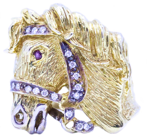 HORSE DIAMONDS JEWELED HEAD IN 18 KT GOLD EQUESTRIAN RING