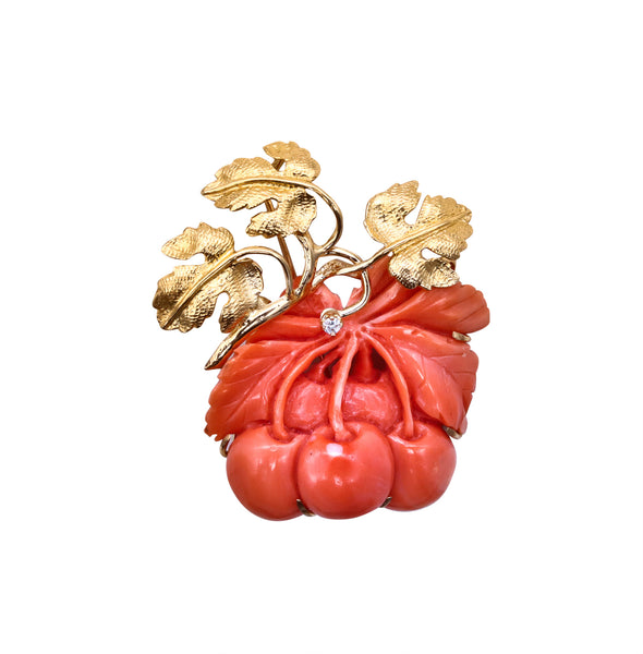 Italian 1960 Mid Century Pendant Brooch In 14Kt Yellow Gold With Diamond And Carved Reddish Coral
