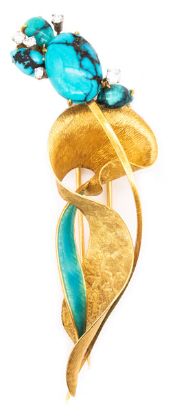 Mid Century 1960 Abstract Brooch In 18Kt Gold With 8.60 Cts In Turquoise And Diamonds