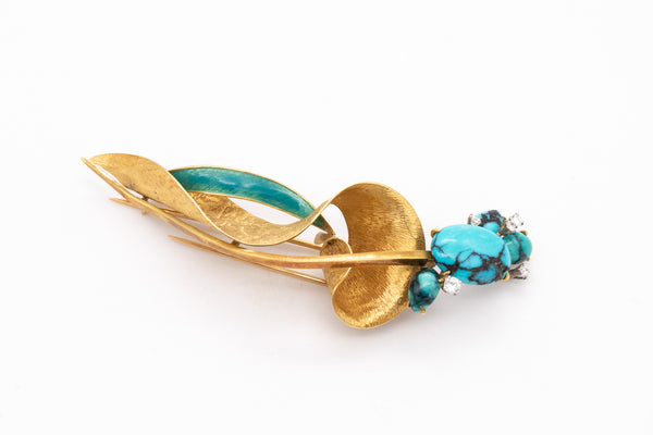 Mid Century 1960 Abstract Brooch In 18Kt Gold With 8.60 Cts In Turquoise And Diamonds