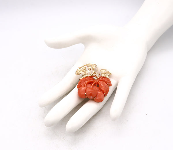 Italian 1960 Mid Century Pendant Brooch In 14Kt Yellow Gold With Diamond And Carved Reddish Coral