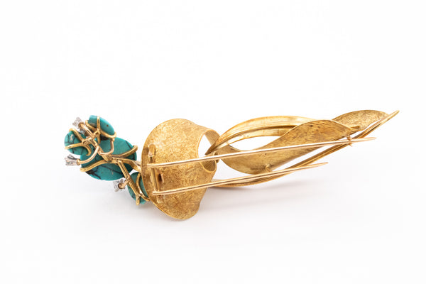 Mid Century 1960 Abstract Brooch In 18Kt Gold With 8.60 Cts In Turquoise And Diamonds
