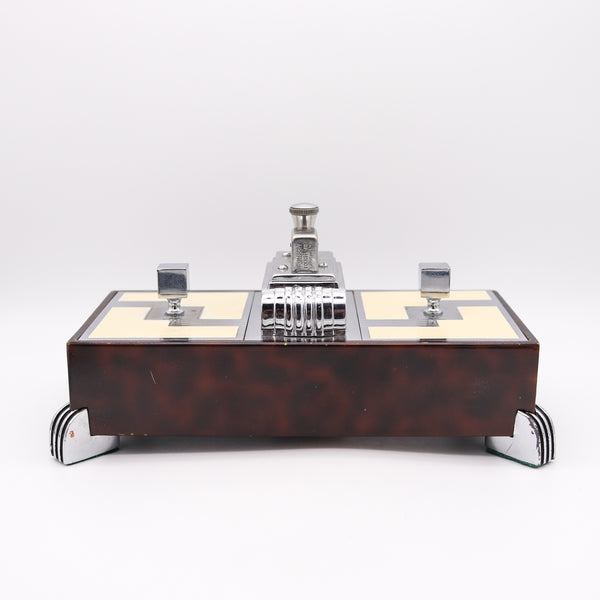 Ronson USA 1935 Art Deco Brown Lacquered Desk Double Box With Touch Tip Lighter