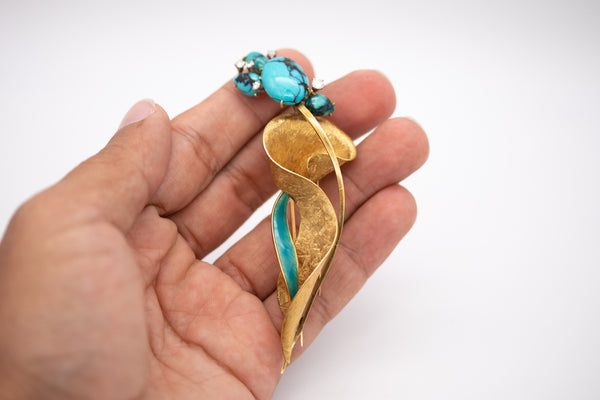 Mid Century 1960 Abstract Brooch In 18Kt Gold With 8.60 Cts In Turquoise And Diamonds