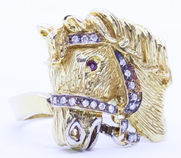 HORSE DIAMONDS JEWELED HEAD IN 18 KT GOLD EQUESTRIAN RING