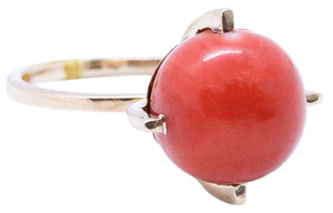 ITALIAN RED CORAL MID CENTURY RETRO 18 KT GOLD RING