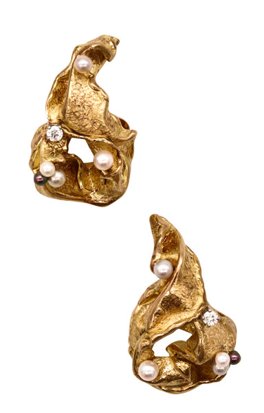 Gilbert Albert 1970 Swiss Modernist Clip Earrings In 18Kt Yellow Gold With Natural Pearls