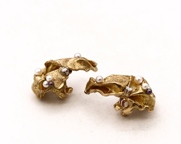 Gilbert Albert 1970 Swiss Modernist Clip Earrings In 18Kt Yellow Gold With Natural Pearls