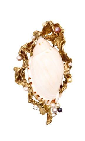 Gilbert Albert 1970 Swiss Modernist Pendant Brooch In 18Kt Yellow Gold With Shell And 12 Natural Pearls