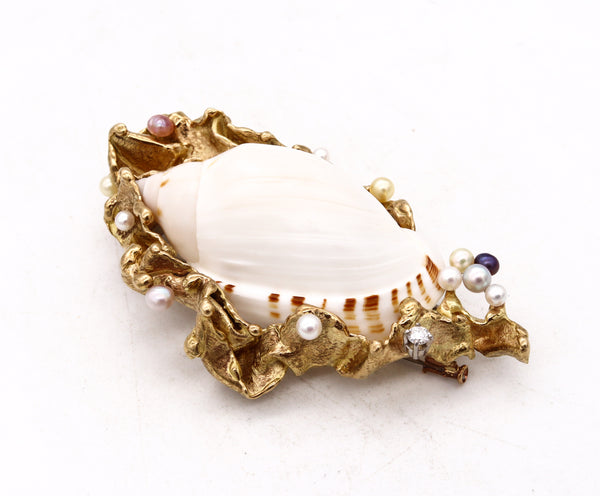 Gilbert Albert 1970 Swiss Modernist Pendant Brooch In 18Kt Yellow Gold With Shell And 12 Natural Pearls