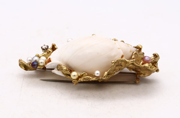 Gilbert Albert 1970 Swiss Modernist Pendant Brooch In 18Kt Yellow Gold With Shell And 12 Natural Pearls