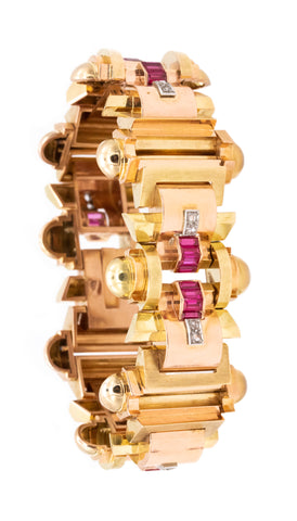 FRENCH ART DECO 1930'S TANK BRACELET IN 18 KT GOLD WITH 2.88 Ctw IN DIAMONDS & RUBY