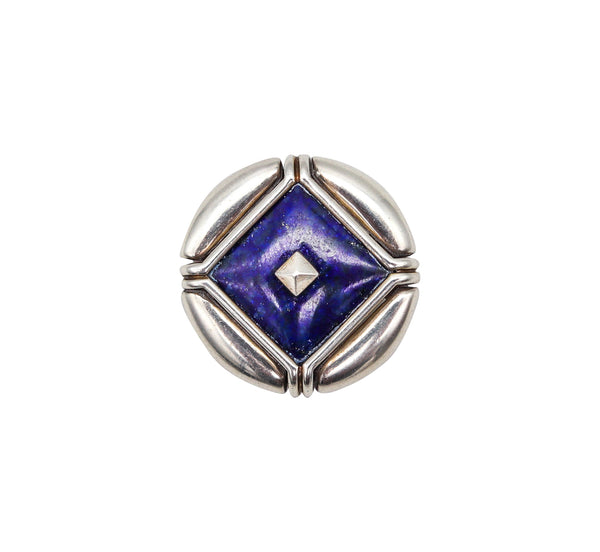 -Bvlgari 1970 Roma Geometric Round Brooch In Sterling Silver With Lapis Lazuli