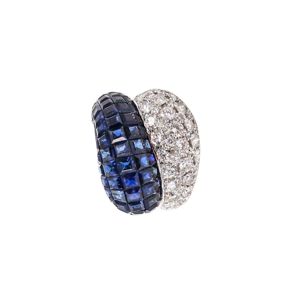 Mystery Setting Bypass Cocktail Ring In 18Kt White Gold With 8.72 Ctw In Diamonds & Sapphires