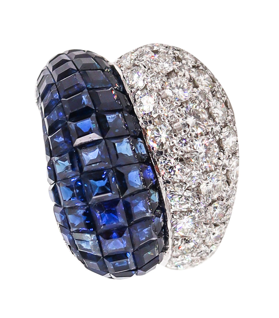 Mystery Setting Bypass Cocktail Ring In 18Kt White Gold With 8.72 Ctw In Diamonds & Sapphires